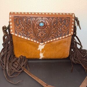 American Darling Tooled Leather Cowhide  Fringe Crossbody Bag